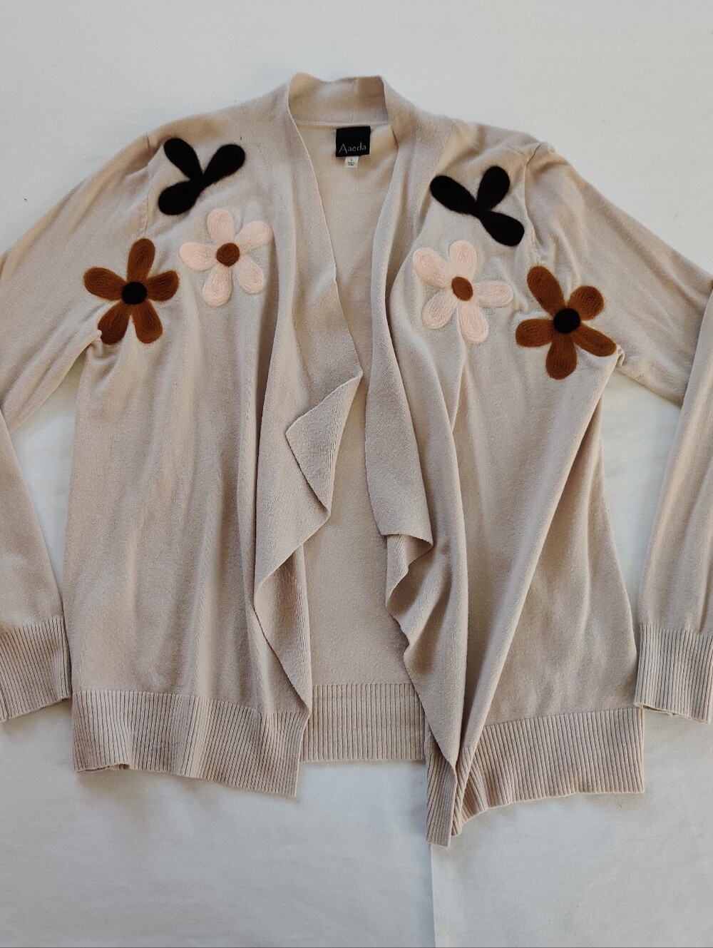 AVEDA Beige Open-Front Cardigan with Floral Appliqués